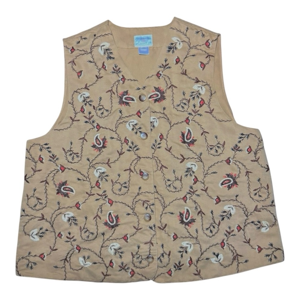 Susan Bristol Khaki Tan Paisley Embroidered Brown Fall Vest